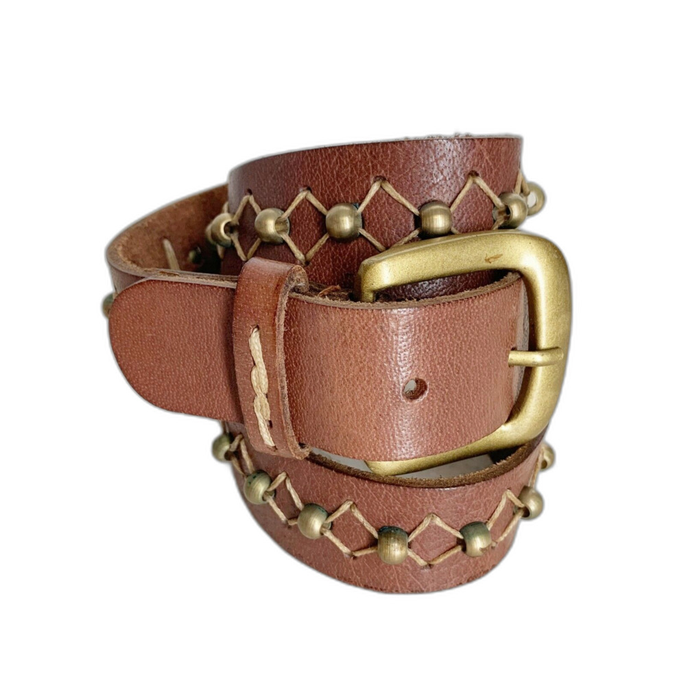Brown Sturdy Harness Leather Belt Womens Size M Embroidered Beaded Boho - Picture 6 of 8
